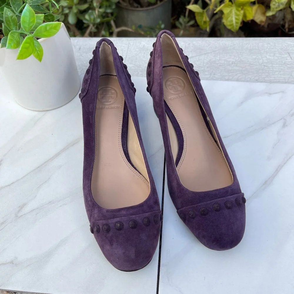 Tory Burch Colt Suede Pump Studded Block Heel Pump Purple Suede Leather Size 5
